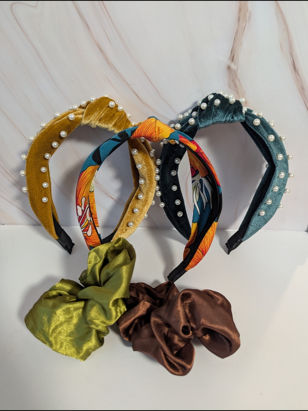 Pearl-Embellished Velvet and Patterned Headband Set - Yellow, Teal, Multicolor